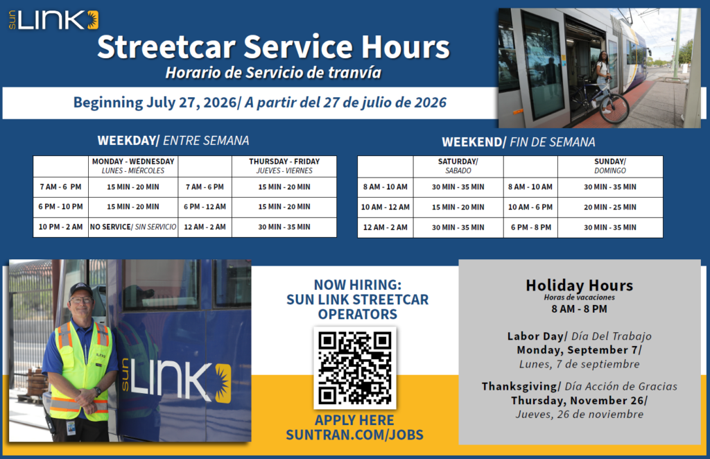 Sun Link streetcar fall schedule beginning Monday, July 27.