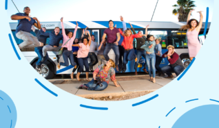 A light blue box features a picture of people jumping for joy in front of a bus. Four blue circles with a dotted outline are spaced out next to the picture.