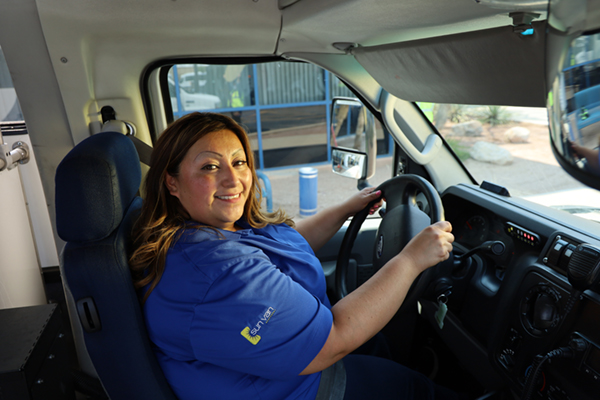 driver of a sun van vehicle behind the wheel