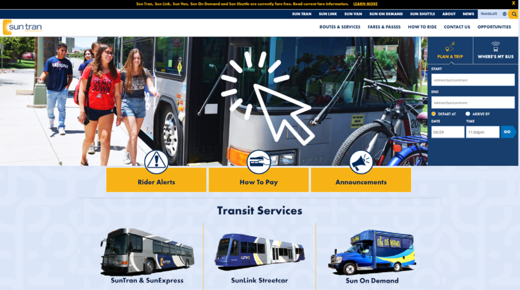 This is a screenshot of the suntran.com home page. It shows the cover image of students getting off a Sun Tran bus and features of the web site.