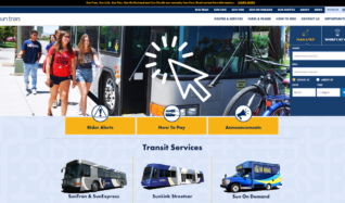 This is a screenshot of the suntran.com home page. It shows the cover image of students getting off a Sun Tran bus and features of the web site.