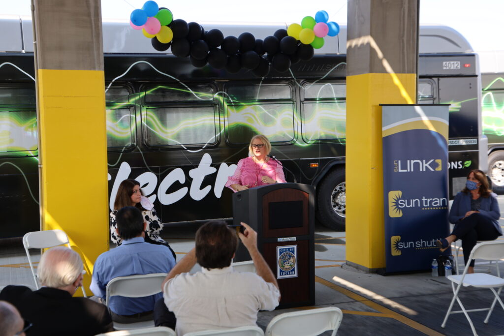 City of Tucson Department of Transportation and Mobility Director Diana Alarcon speaks at the electric bus launch event.