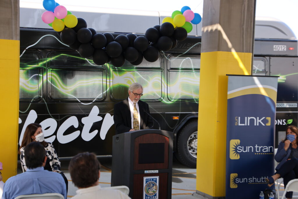 Sun Tran General Manager Steve Spade speaks at the electric bus launch event.