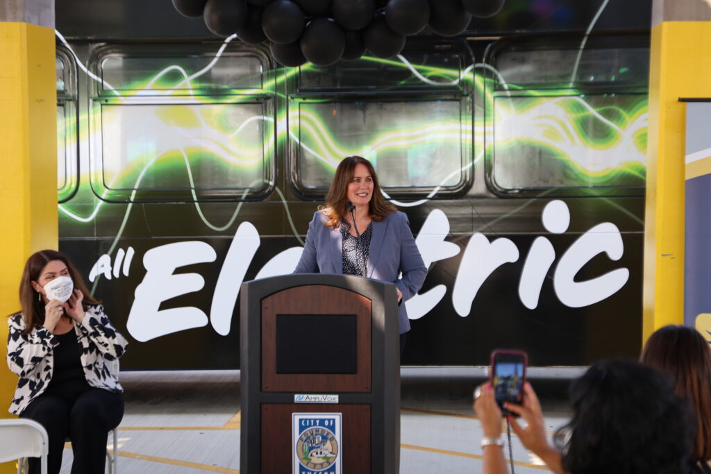 Tucson Electric Power CEO Susan Gray speaks at the electric bus launch event.