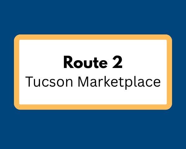 Blue background and white square with yellow outline: Route 2 Tucson Marketplace