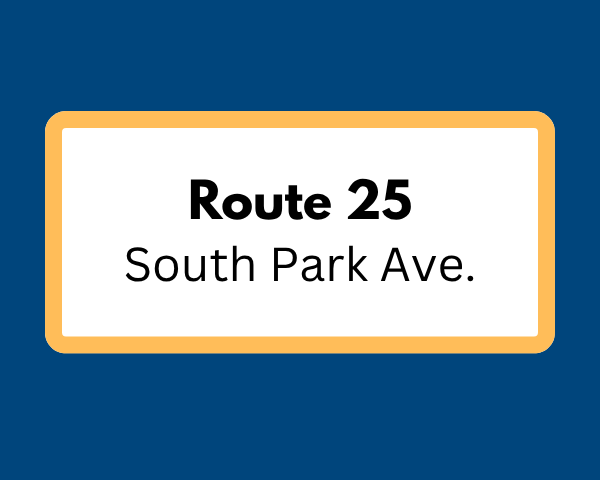 Blue background and white square with yellow outline: Route 25 South Park avenue