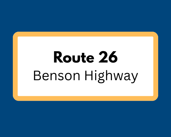 Blue background and white square with yellow outline: Route 26 Benson Highway