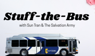 Sun Tran bus surrounded with school supplies with title Stuff the Bus