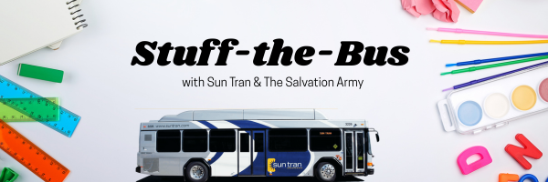 Sun Tran bus surrounded with school supplies with title Stuff the Bus