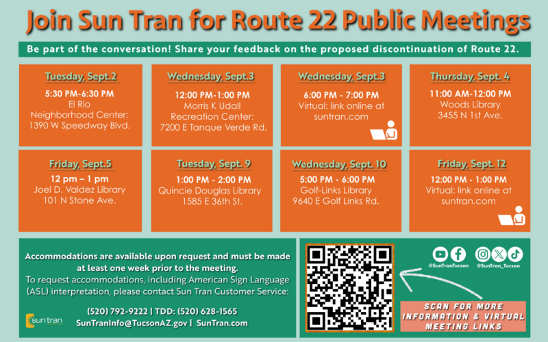 orange and green poster displaying Sun Trans route 22 public meetings beginning September 2, 2025