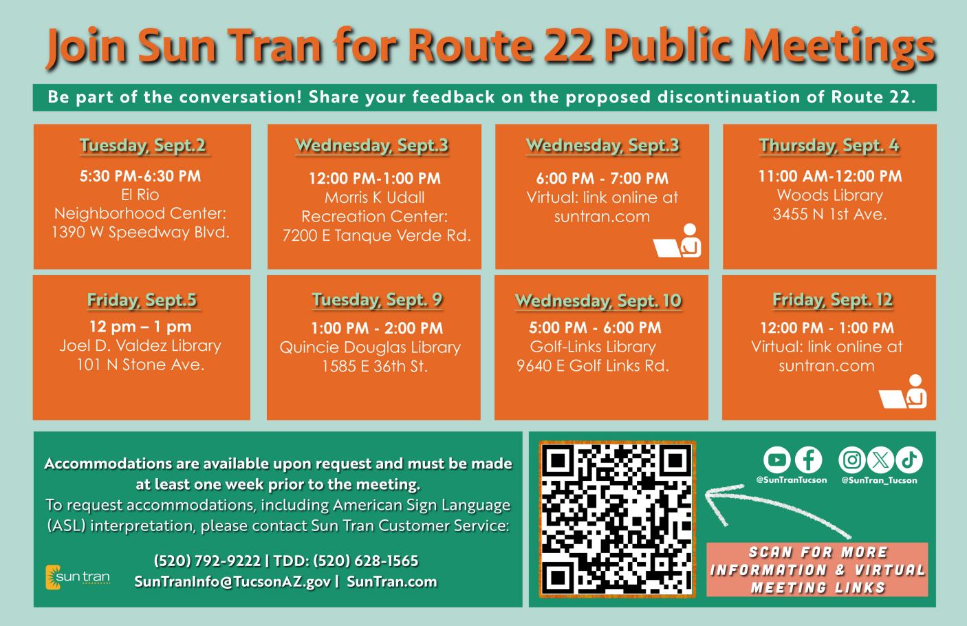orange and green poster displaying Sun Trans route 22 public meetings beginning September 2, 2025