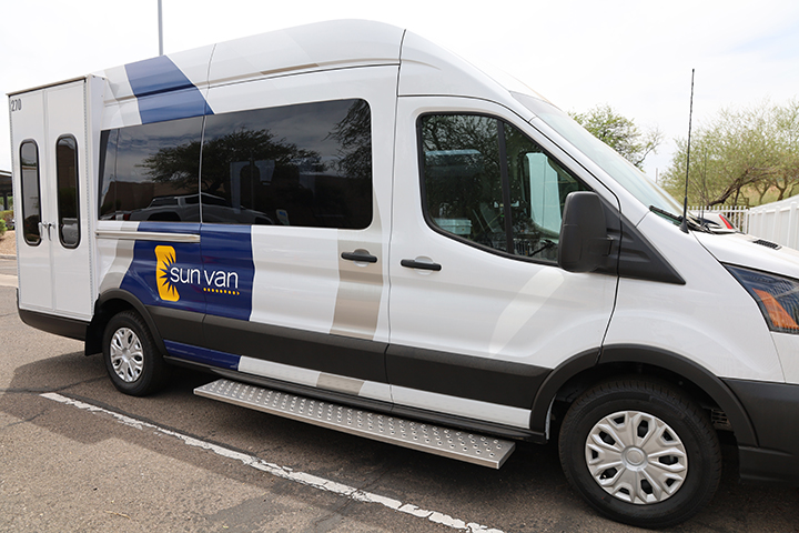 Sun Van all electric vehicle outside on a sunny day.