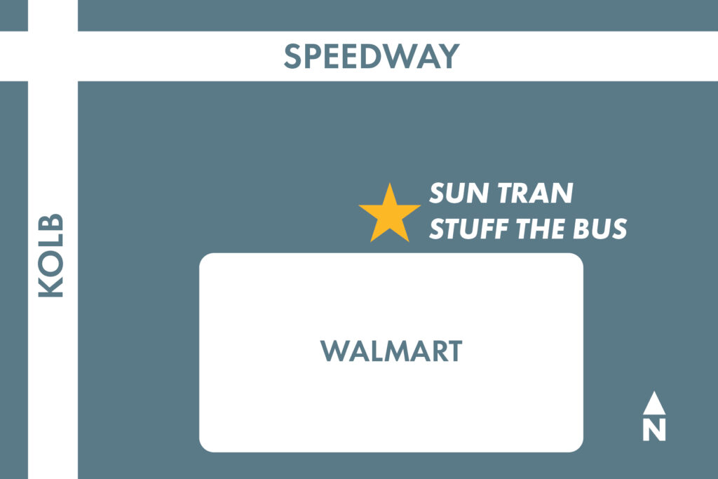 stuff the bus event map. blue background with white streets, kolb road and speedway boulevard. 