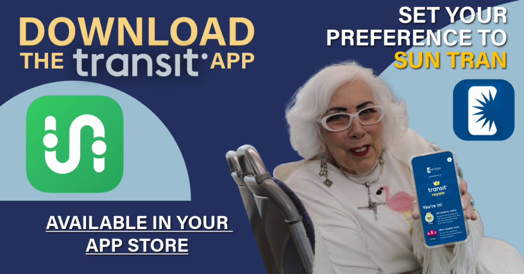 Information for Sun Tran app with a smiling woman riding bus holding phone so readers can see the Sun Tran app screen.