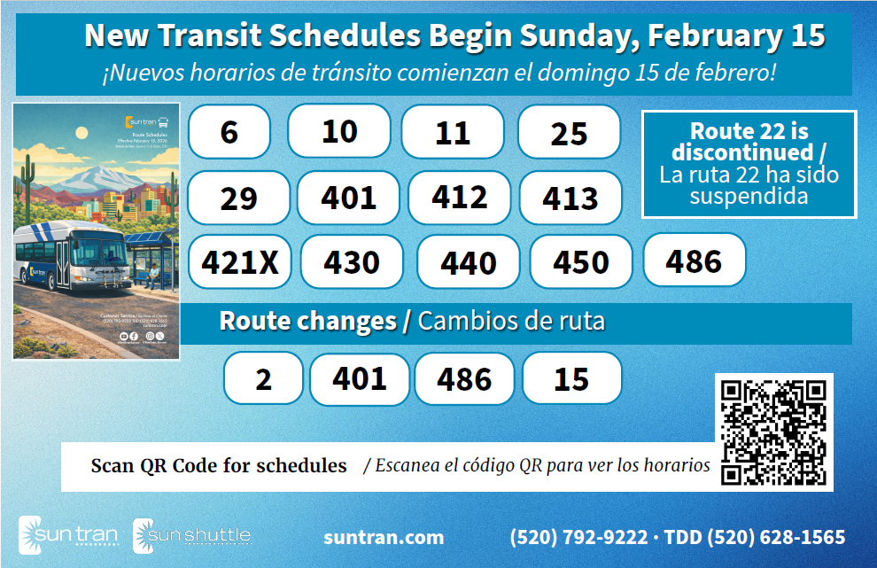 February sun tran schedule changes blue bus poster