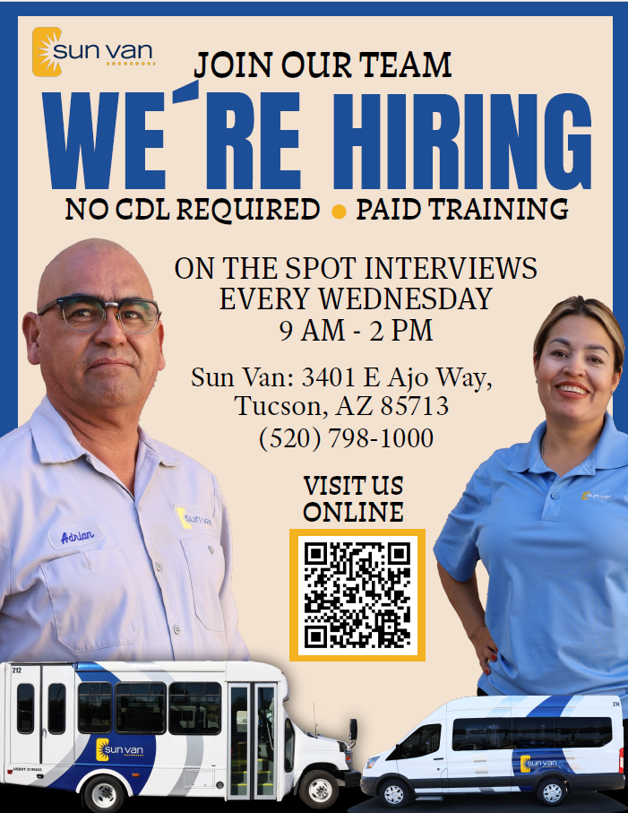Blue and cream color image with a man and woman sun van operators, along with Sun Van vehicle cut outs.