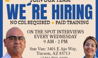 Cream and blue background with sun van operators and blue text showcasing WE'RE HIRING