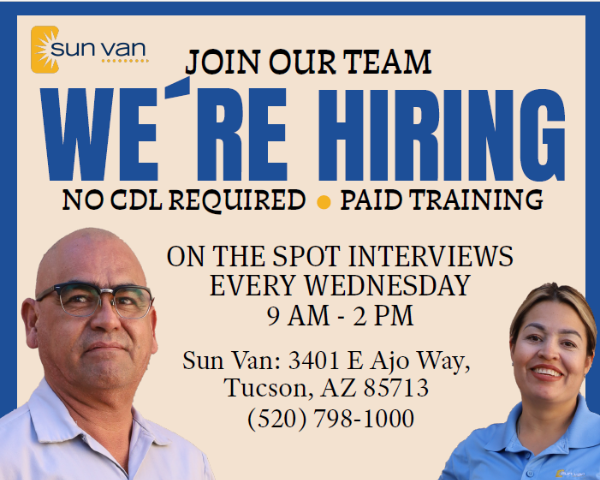 Cream and blue background with sun van operators and blue text showcasing WE'RE HIRING