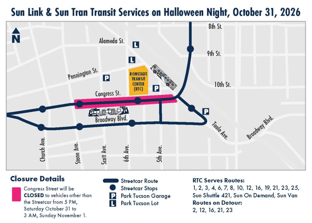 map of congress street closure with sun link route along downtown tucson with stops pointed out