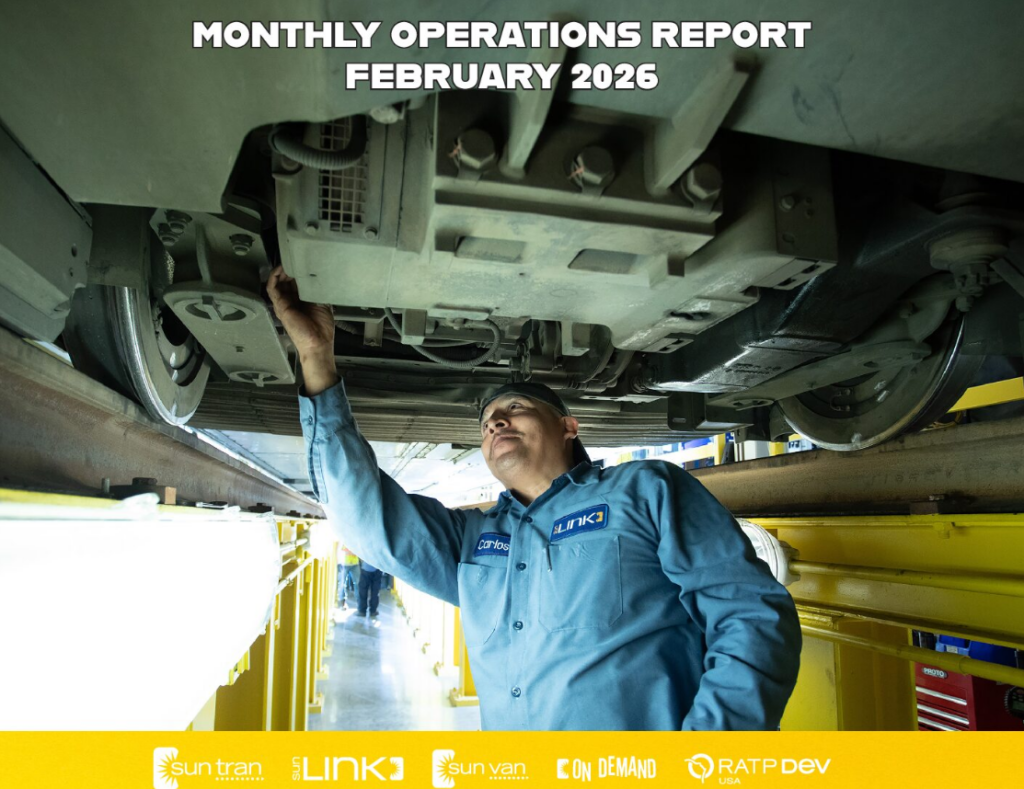 February Monthly operation report cover photo of sun link maintenance tech fixing streetcar