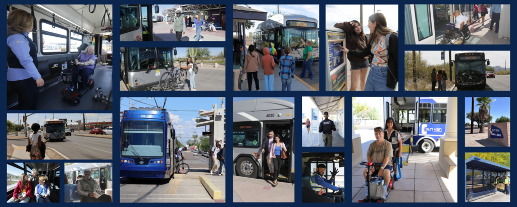 collage of rider, transit workers on sun link, sun tran or sun van vehicles
