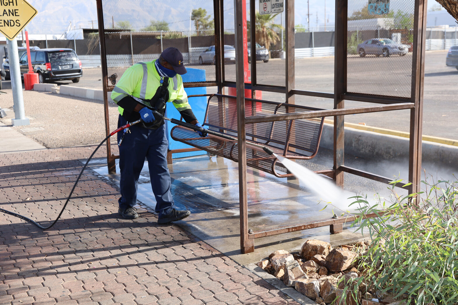 power washing bus stop