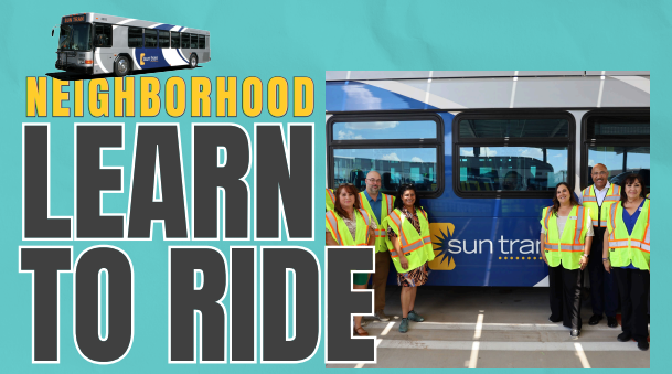 Neighborhood learn to ride with blue background and picture of ward 5 team 