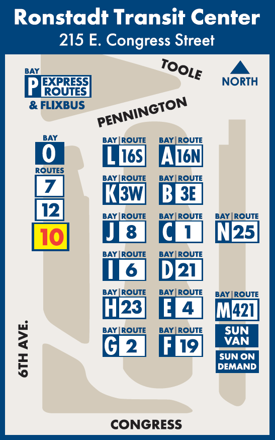 Map of Ronstadt Transit Center. Effective August 16, Route 10 will move from Bay H to Bay O on Sixth Avenue.