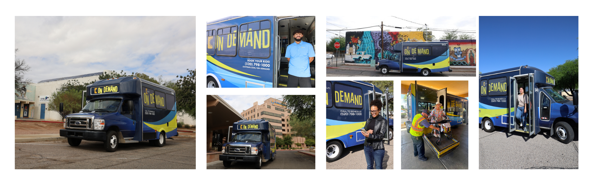 sun on demand collage with images of the riders using on demand service and operators and vehicles