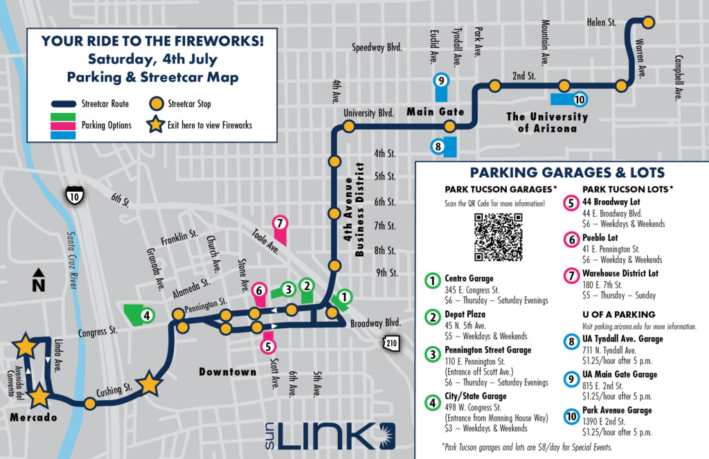 sun link map for fourth of july with parking garages and lots highlighted