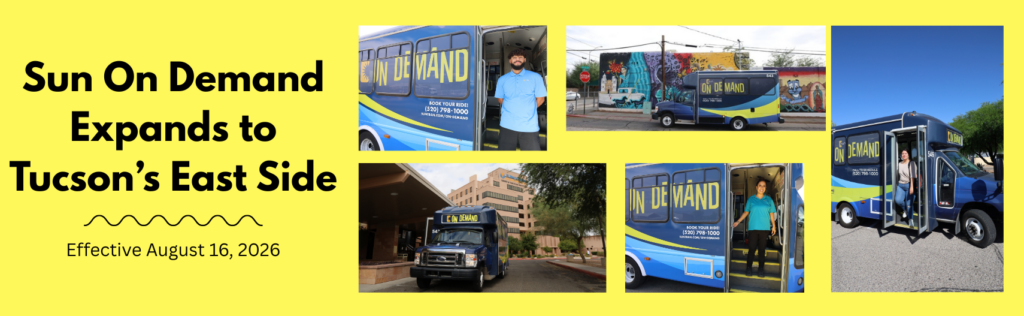 Sun on demand expands to Tucson's east side banner with yellow background and images of on demand vehicles