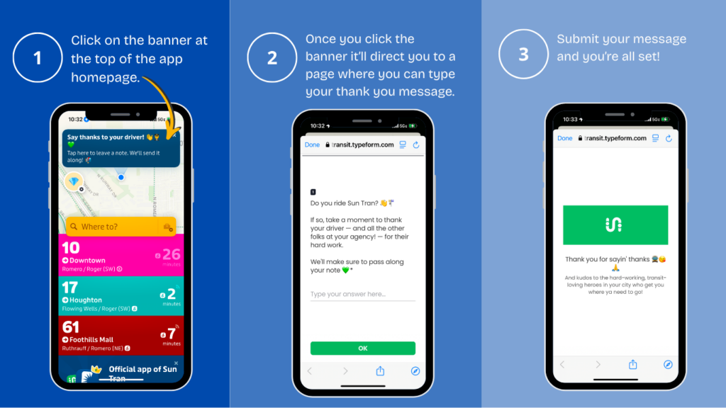 graphic displaying how to submit thank you message in the app.
First section: Click on the banner at the top of the app homepage. With phone icon pointing to the app banner.
Section 2: Once you click the banner it'll direct you to a page where you can type you message. Phone icon displaying where to type message.
Section 3: Submit your message and you're all set! Phone icon with a successful message sent.